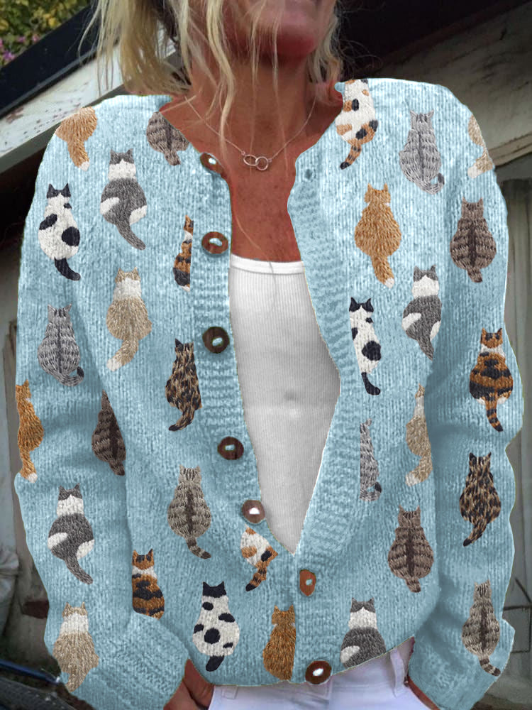 Madeline - Cardigan femme en tricot avec motif félin boutonné
