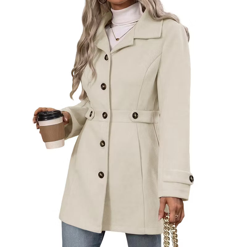 Wilma - Women's belted coat with buttons and elegant lapel collar