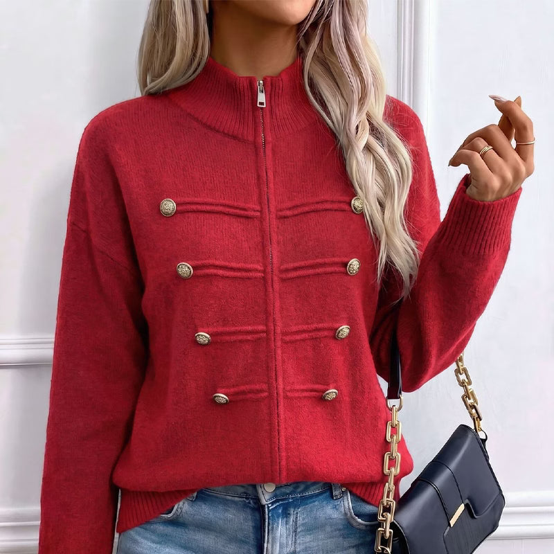 Teuntje - Women's knit cardigan with high neck, zip, and decorative buttons