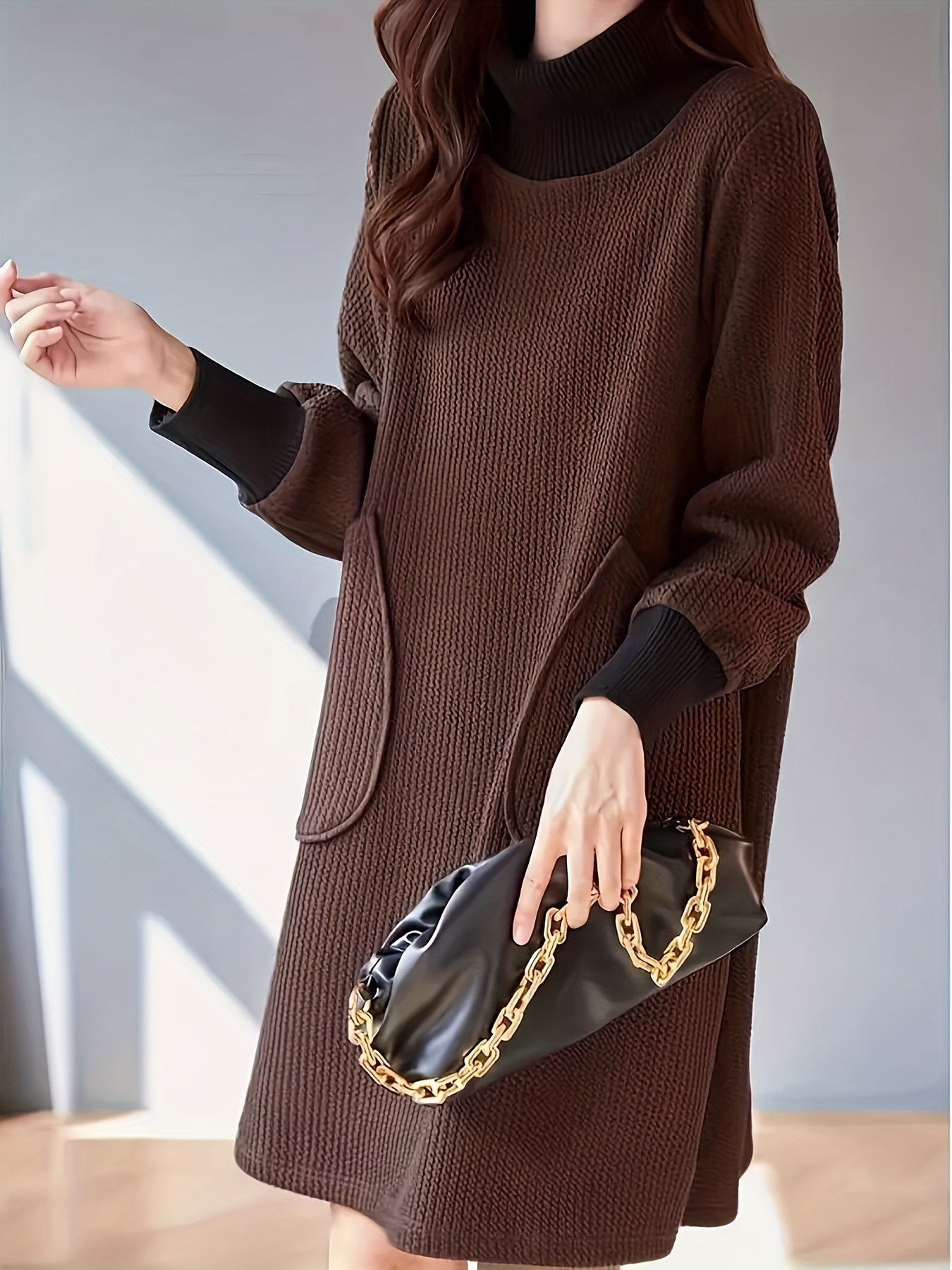 Lydie - Robe Midi Chic à Col Haut et Manches Raglan