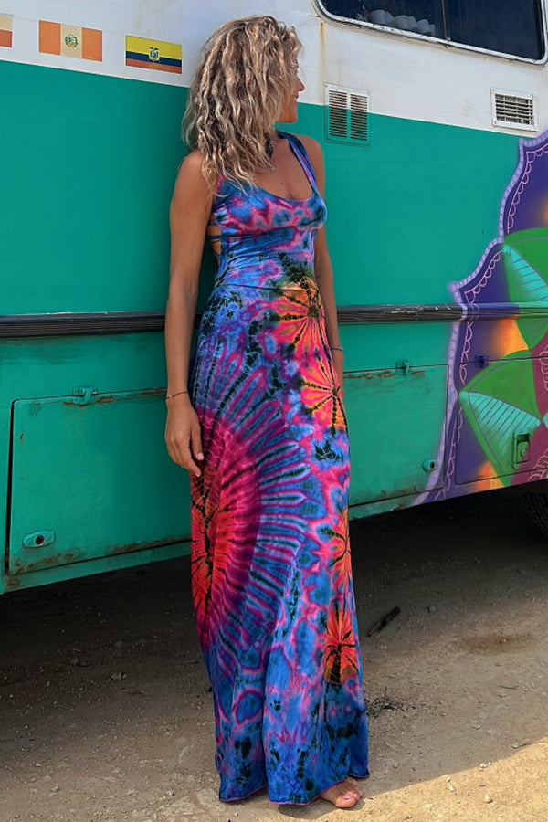 Junaria - Robe maxi avec imprimé tie-dye, lacée à l'arrière, extensible (avec soutien-gorge intégré)