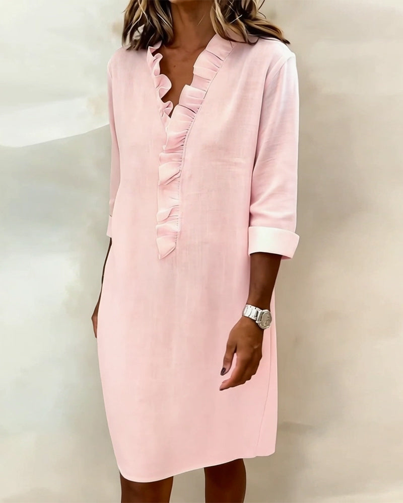 Ophivyn - Robe femme col V à volants coupe droite style décontracté