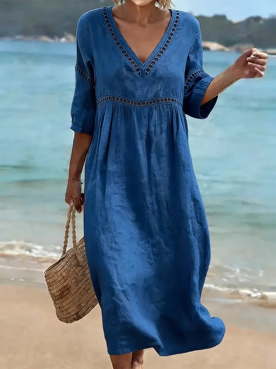 Rynoxa - Robe femme midi fluide col V manches larges style naturel élégant