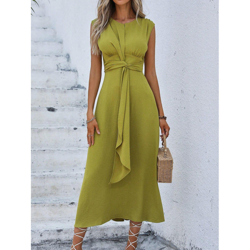 Orivessa - Robe longue femme unie sans manches avec ceinture drapée