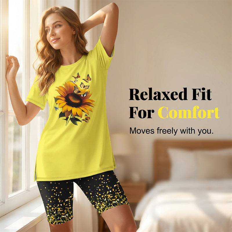 Evorielle - Ensemble femme tunique longue imprimée tournesol et short assorti