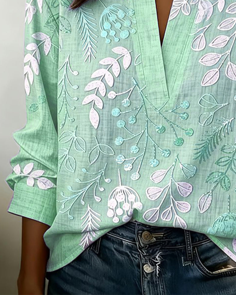 Drynora - Blouse femme imprimée florale col ouvert manches longues style élégant