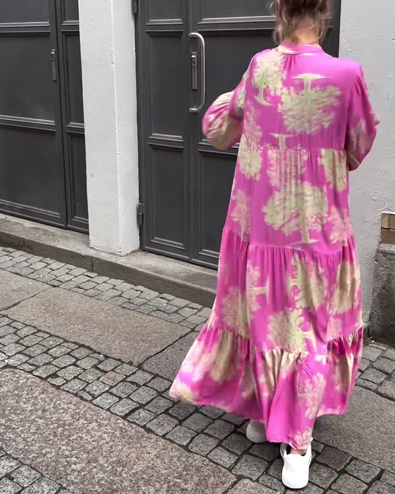 Greta - Robe Patchwork Ample avec Col en V et Manches Cloches Imprimées