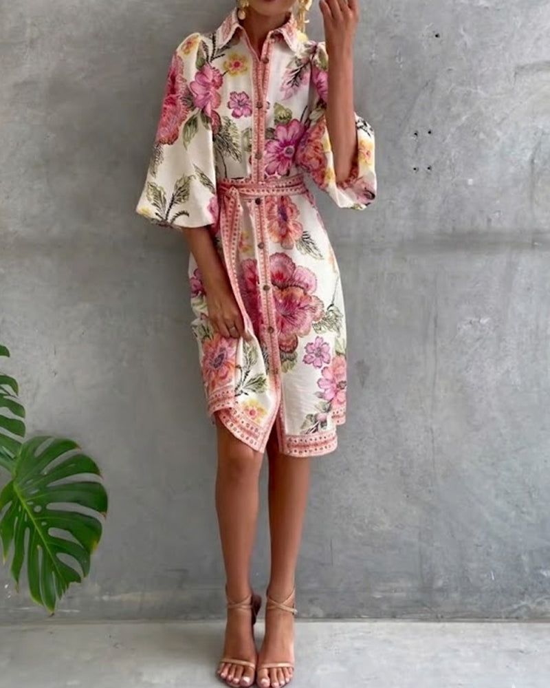 Glyssara - Robe florale élégante femme à manches lanterne et boutons