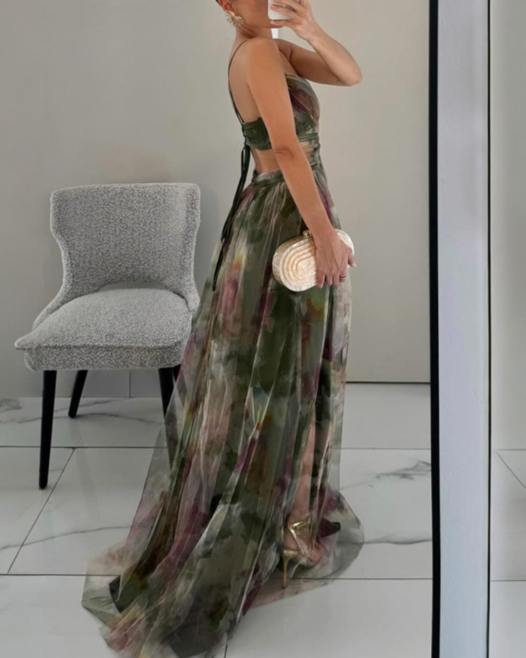 Helena - Robe Maxi Femme Fluide Décolleté V Bretelles Fines Élégance Florale