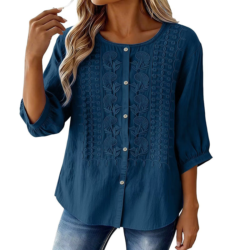 Sorivelle - Blouse brodée femme en coton et lin à manches 3/4