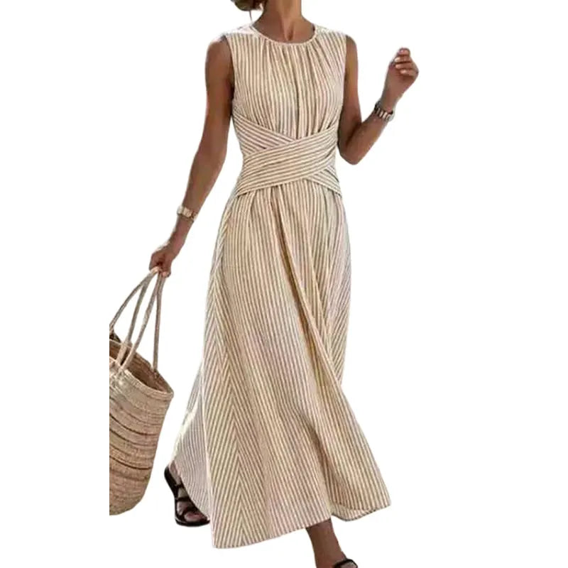 Caliane - Robe maxi femme sans manches à rayures taille croisée