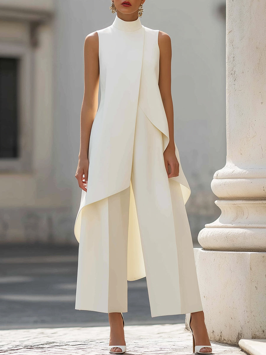 Dovessa - Combinaison pantalon femme à col montant et panneau asymétrique