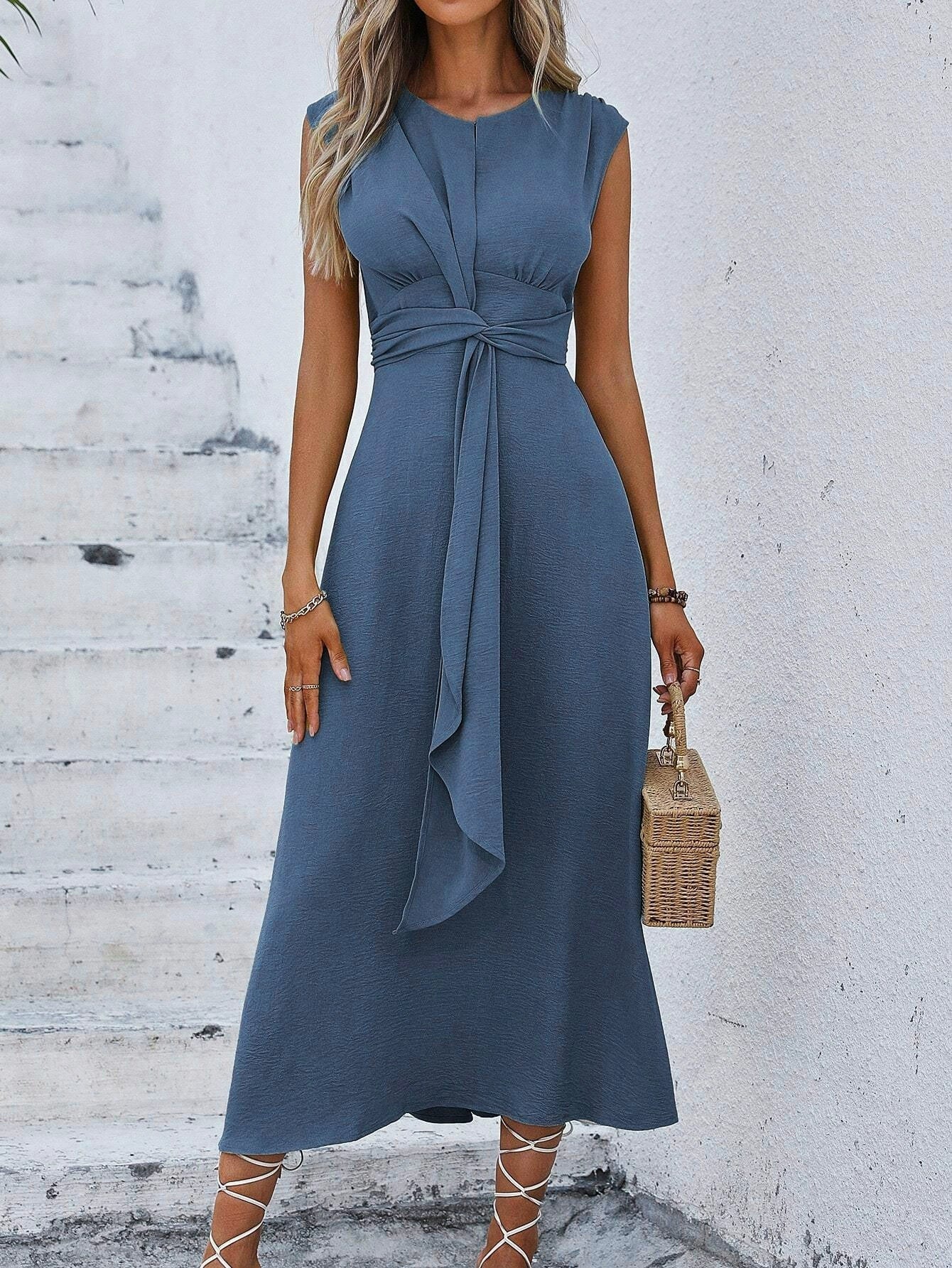 Orivessa - Robe longue femme unie sans manches avec ceinture drapée