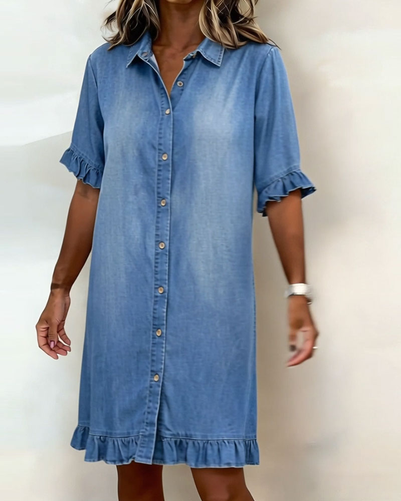 Glytha - Robe Femme Denim Boutonnée Manches Volants Coupe Droite Décontractée