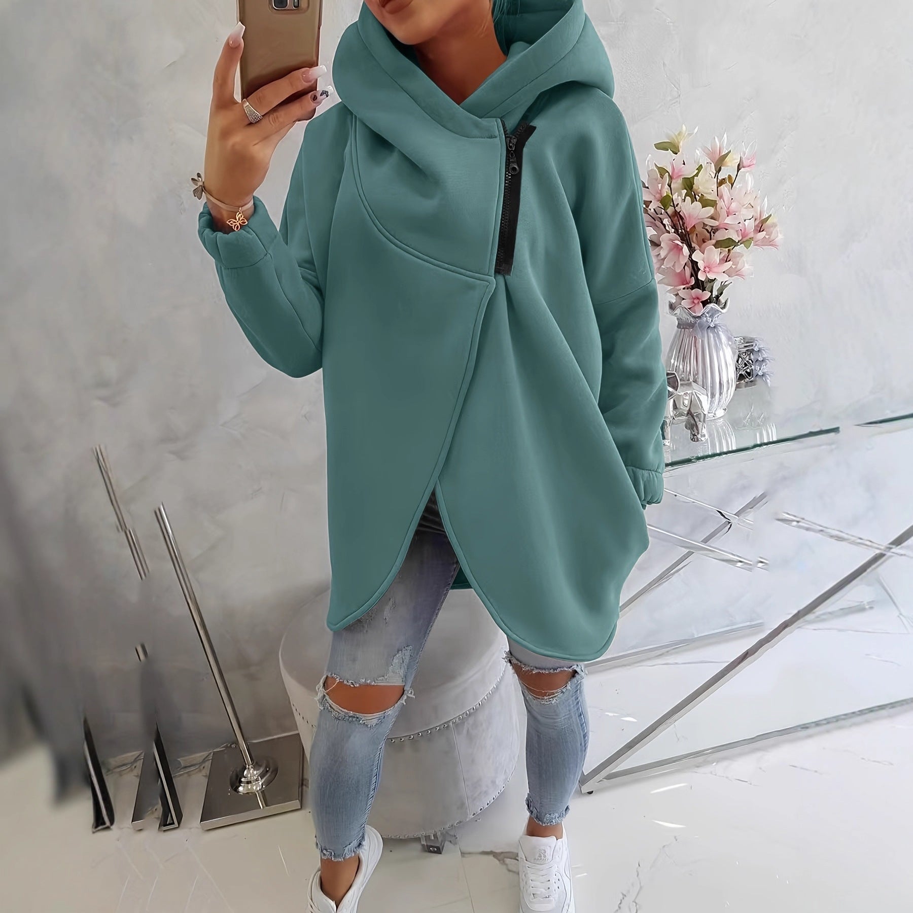 Quenlisse - Sweat à capuche zippé pour femme avec poches avant