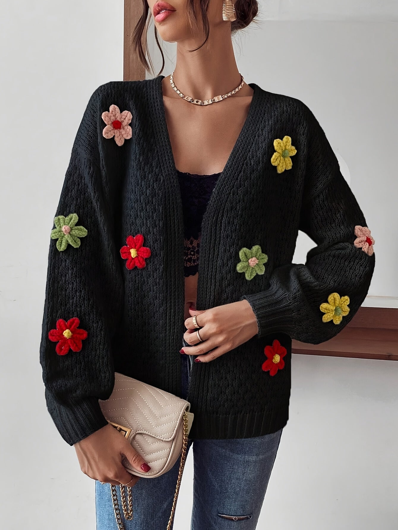 Risette - Cardigan Tricoté à Motif Floral
