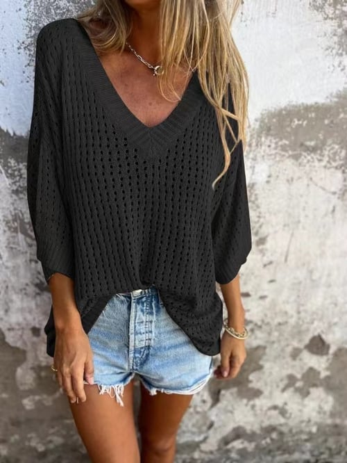 Delia - Top tricoté à col en V avec motif creux