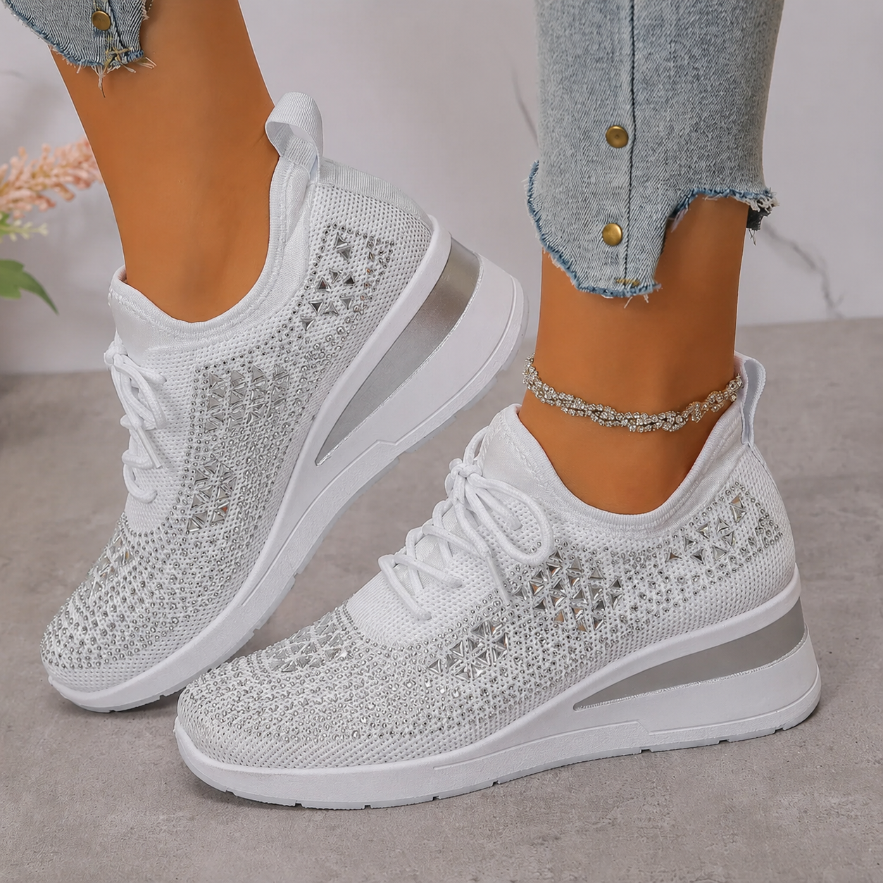 Esmeralda - Baskets femme compensées scintillantes avec maille respirante