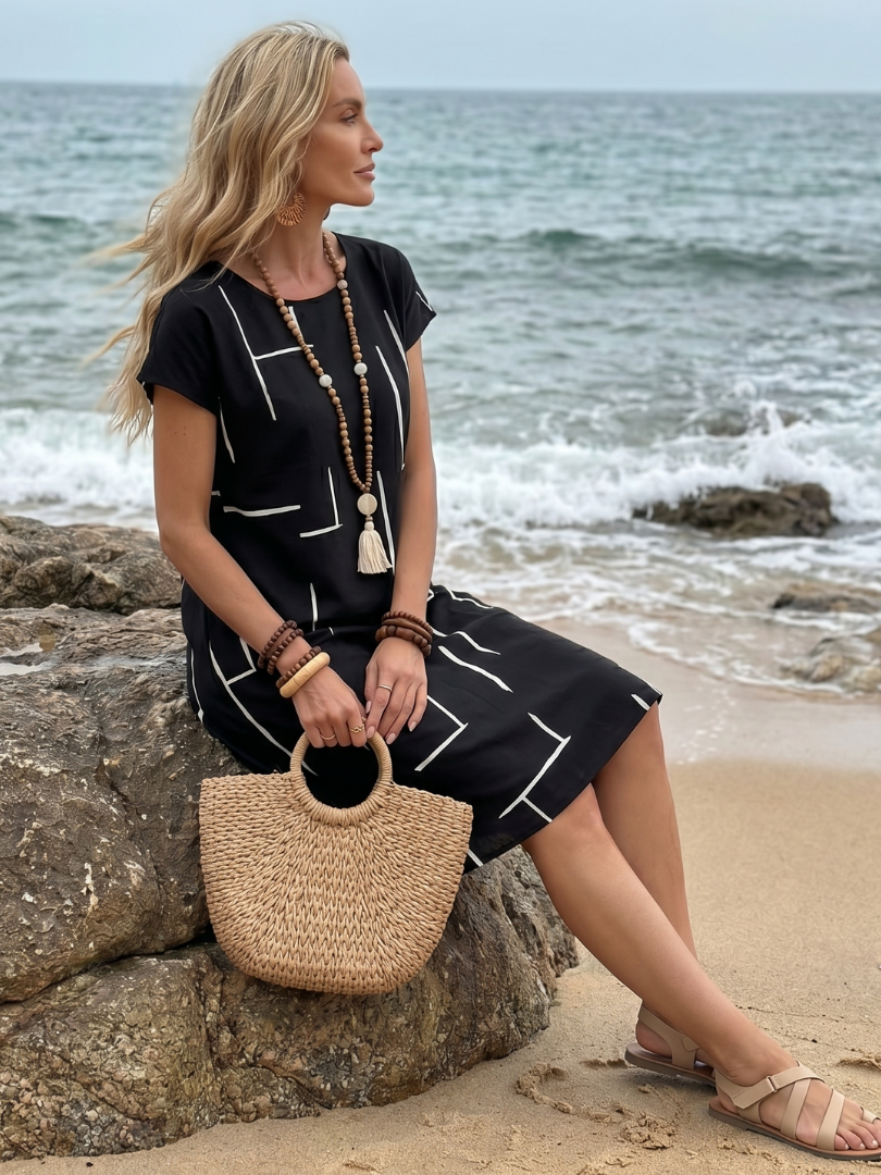Olivrixa - Robe femme mi-longue à imprimé abstrait en coton lin coupe décontractée