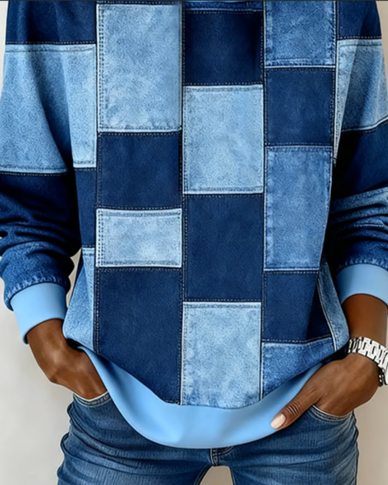 Gwenarissa - Sweat à Capuche Patchwork Denim Moderne