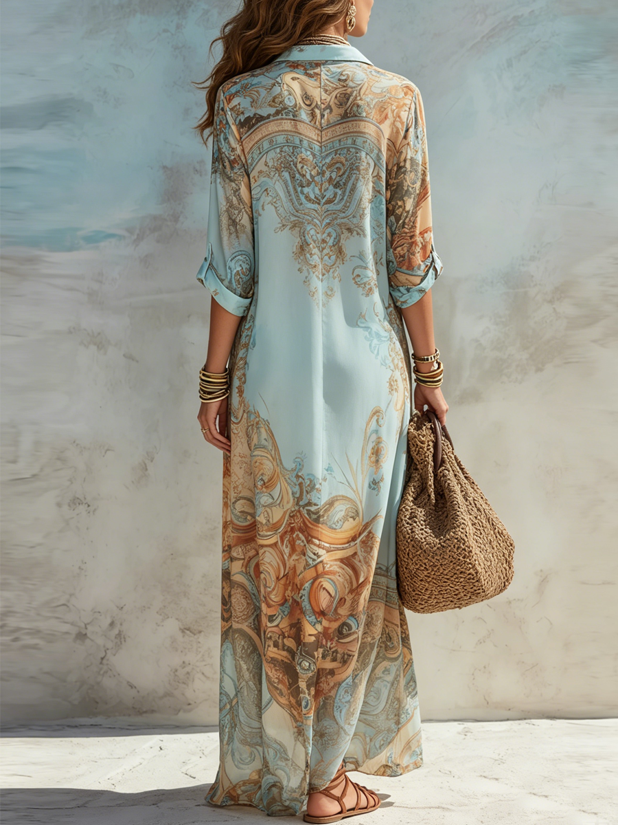 Ravelyne - Robe chemise longue femme à imprimé artistique fluide