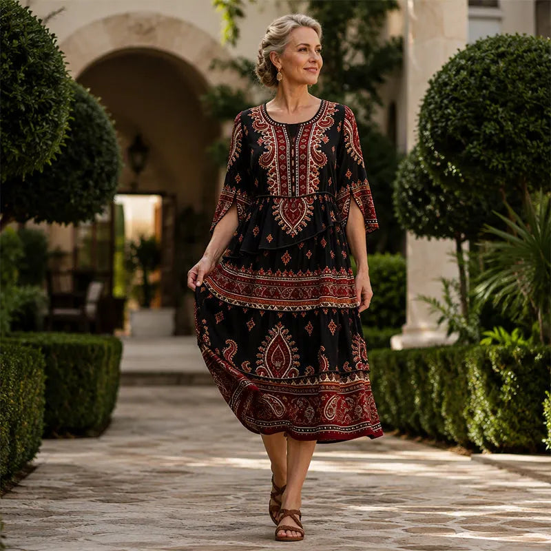 Ramona - Robe femme bohème à volants avec imprimé ethnique