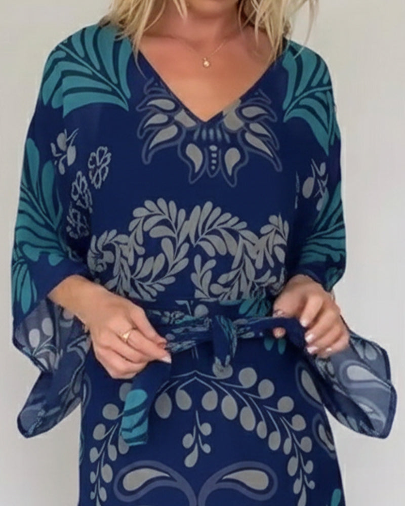 Praxellea - Robe bohème femme maxi ample col V imprimé feuilles élégant