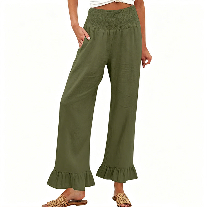 Dorexa - Pantalon femme taille haute smockée large coton lin boho
