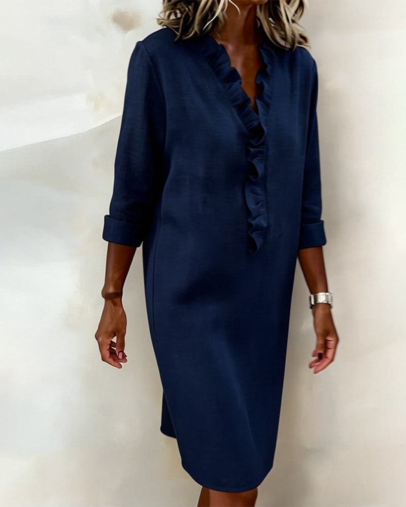 Ophivyn - Robe femme col V à volants coupe droite style décontracté