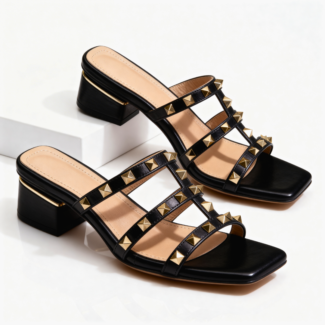 Frovelle - Sandales femme cloutées cuir semelle confort talon bas style chic