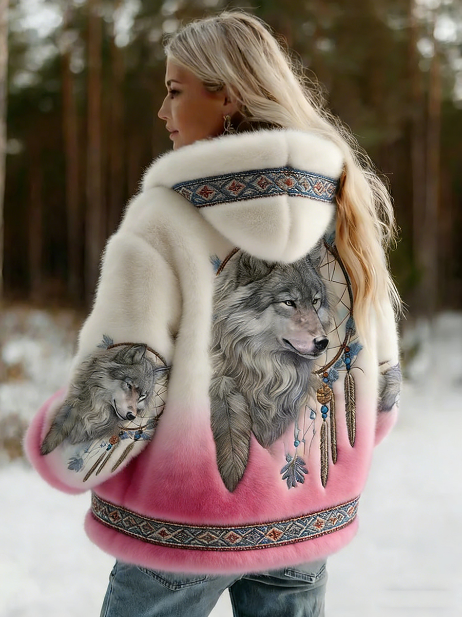 Dahlina - Veste Femme Douce À Capuche Imprimé Loup