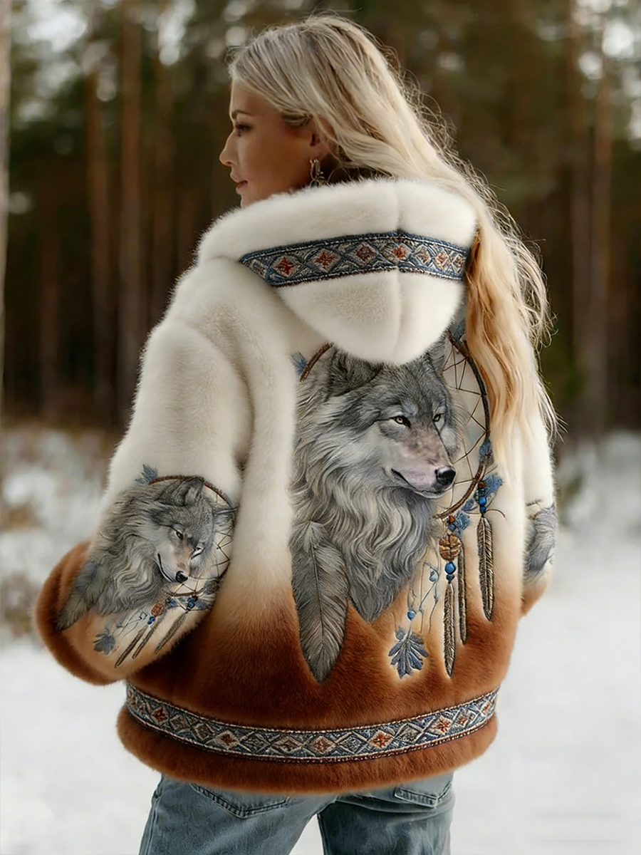 Dahlina - Veste Femme Douce À Capuche Imprimé Loup