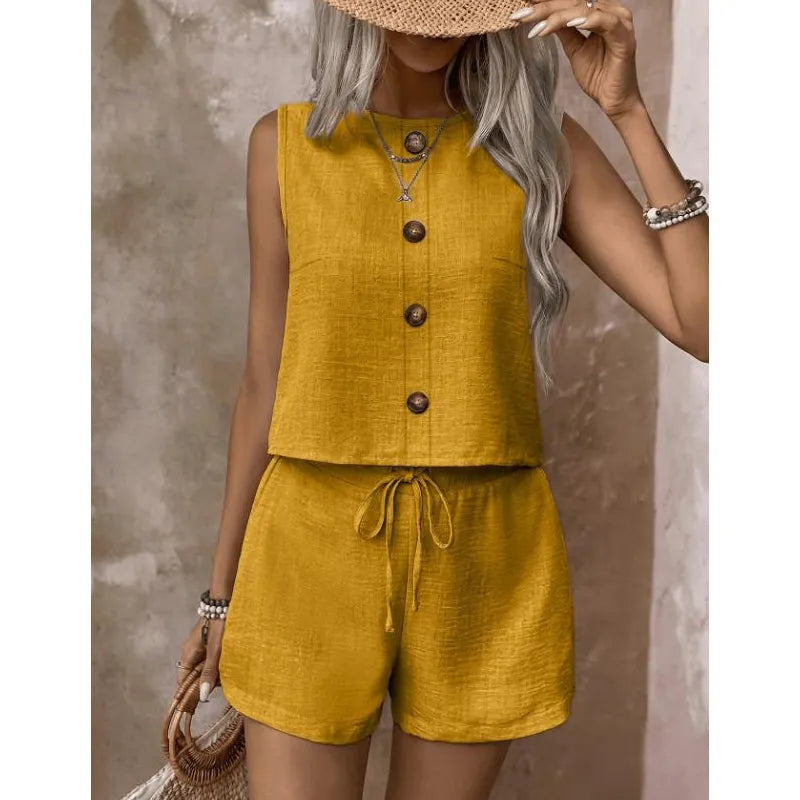 Fynoria - Ensemble femme top sans manches et short à boutons