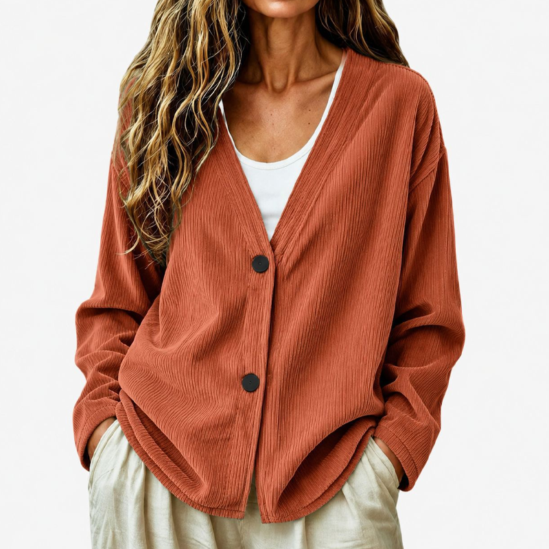 Priscilla - Cardigan femme côtelé à col V coupe ample
