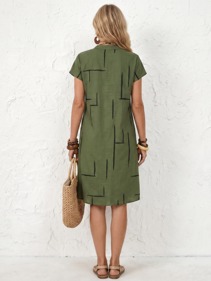 Olivrixa - Robe femme mi-longue à imprimé abstrait en coton lin coupe décontractée