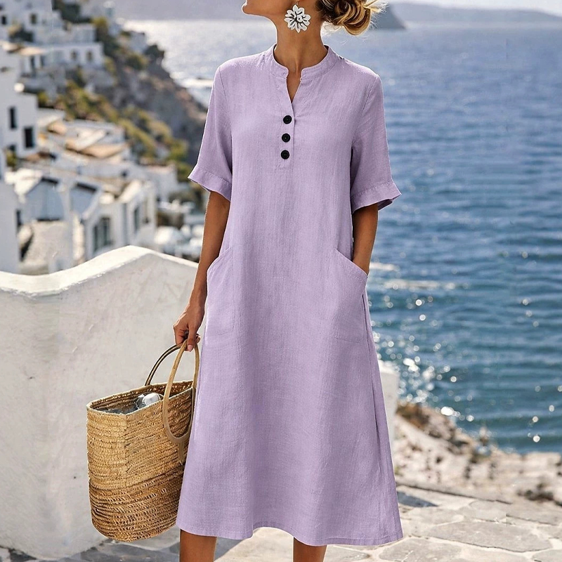 Soreya - Robe midi femme en coton-lin avec boutons