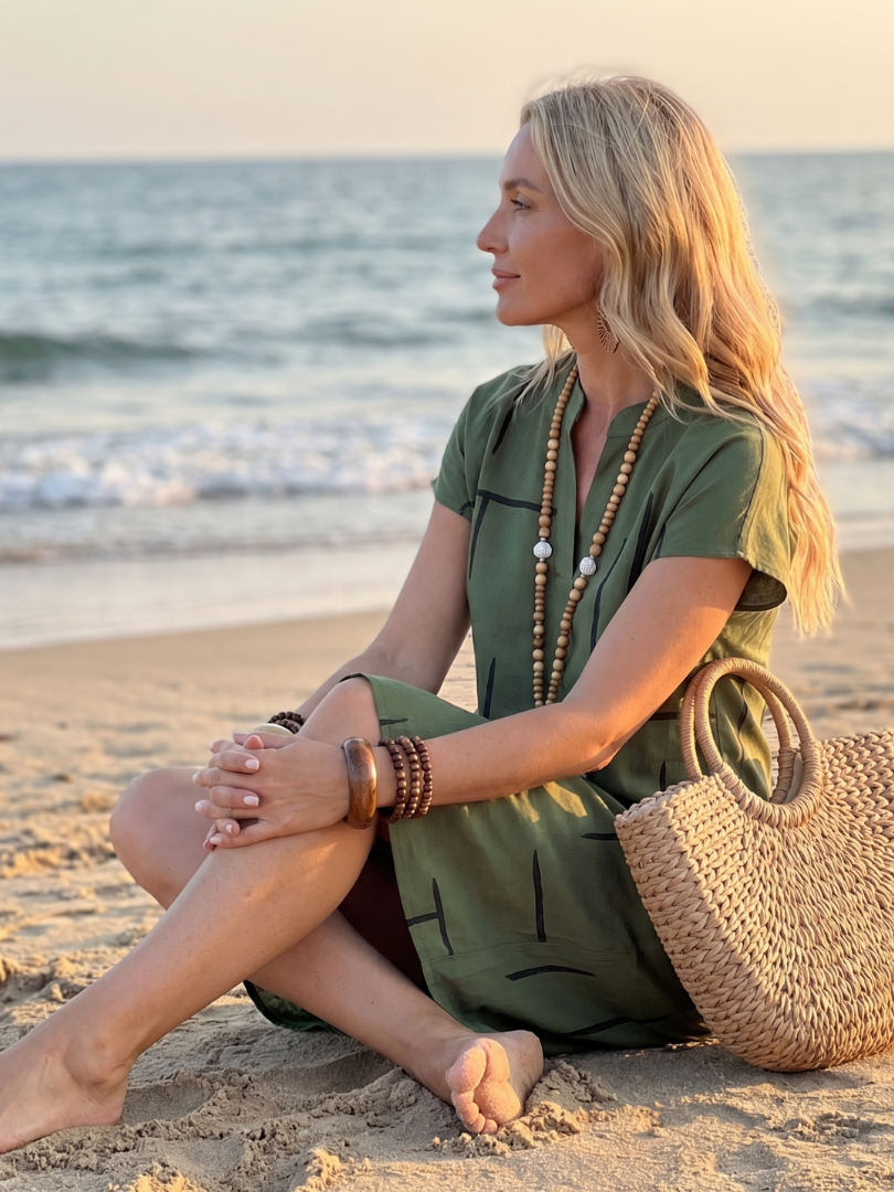 Olivrixa - Robe femme mi-longue à imprimé abstrait en coton lin coupe décontractée
