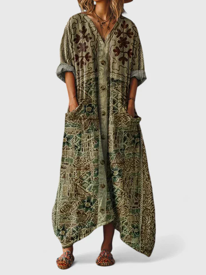 Grazelle - Robe Longue Fluide Imprimée Style Bohème Élégant