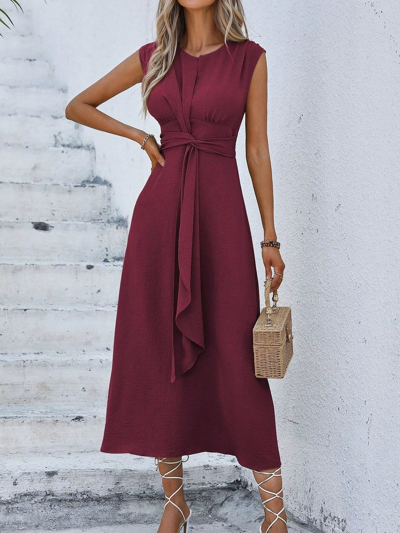 Orivessa - Robe longue femme unie sans manches avec ceinture drapée