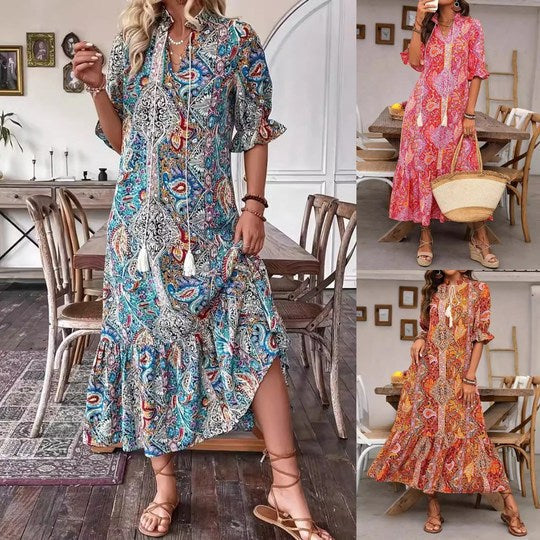 Esther - Robe bohème femme imprimée florale à col V élégant