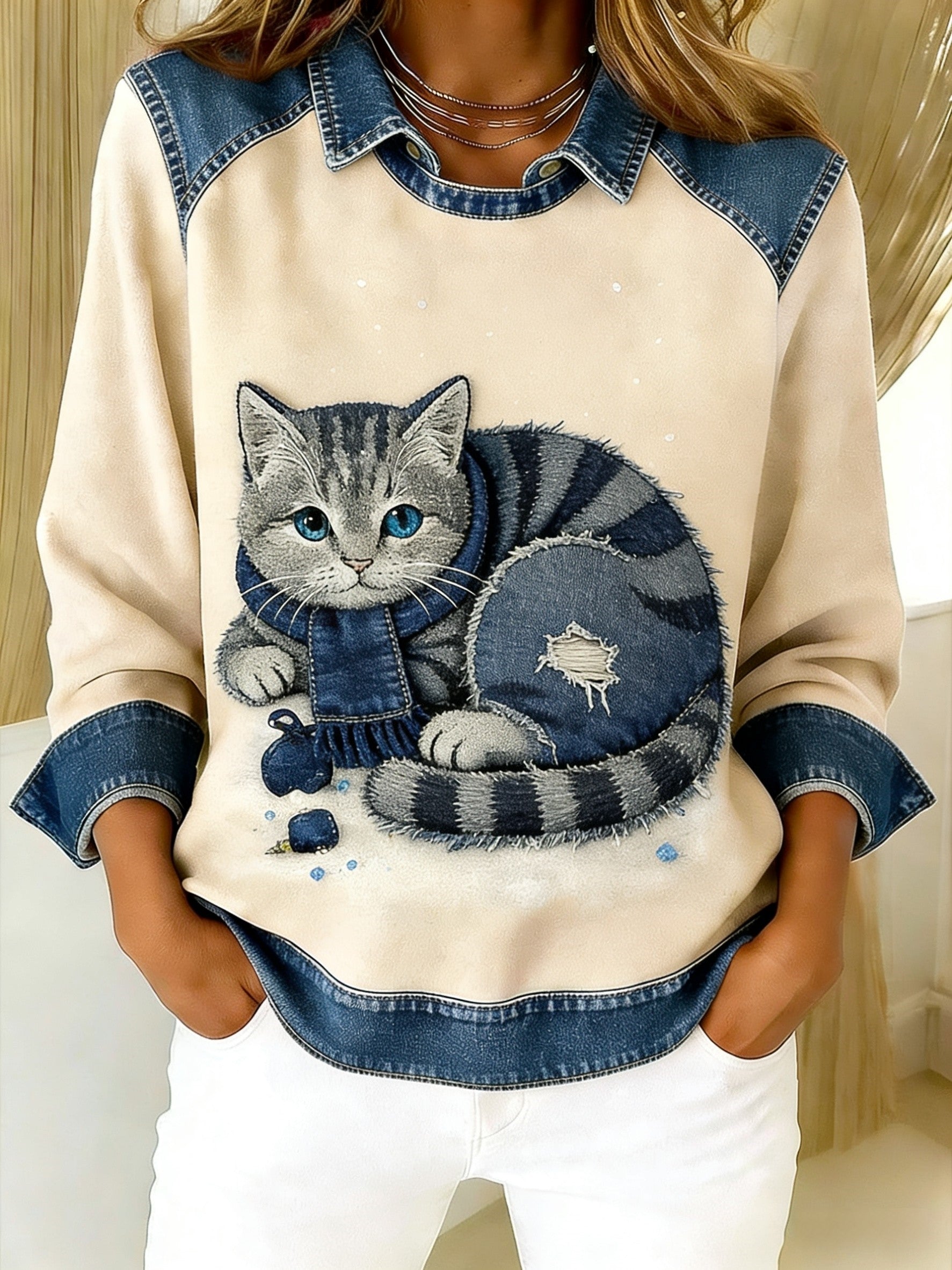 Oravellissa - Sweat-shirt en Denim Patchwork Rétro