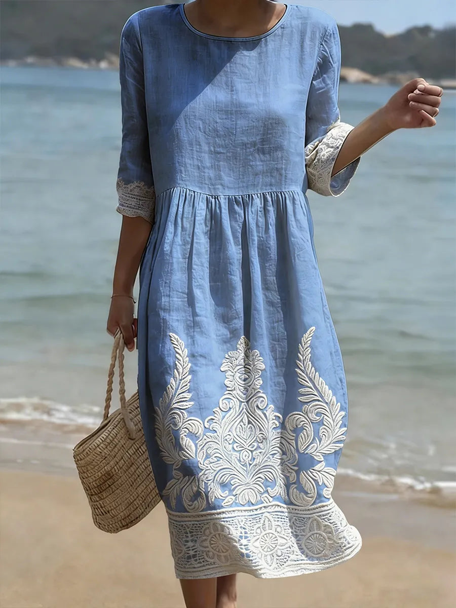 Seloriah - Robe midi femme bleue avec broderies florales