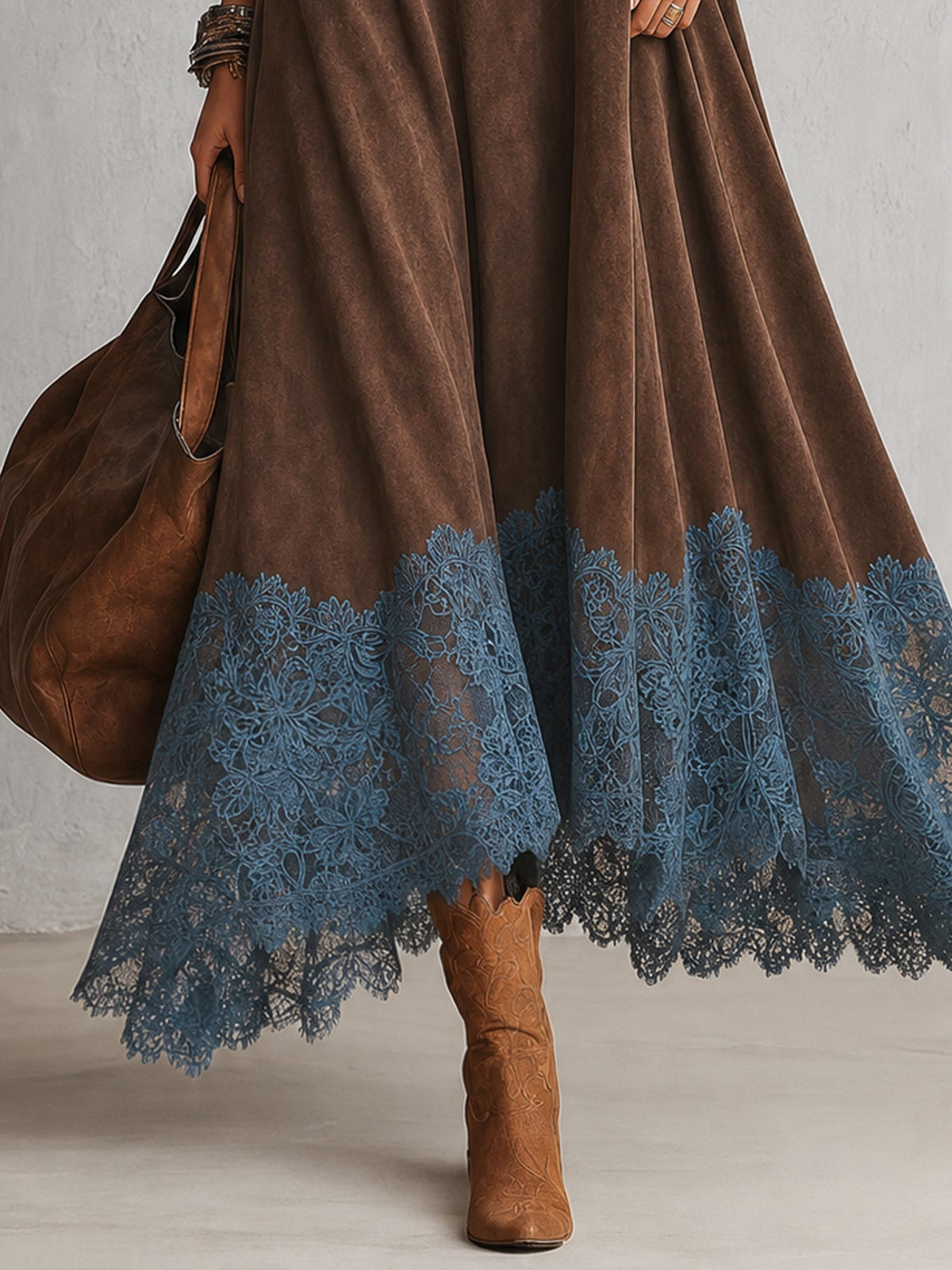 Gonneke - Robe femme longue effet suédé avec dentelle