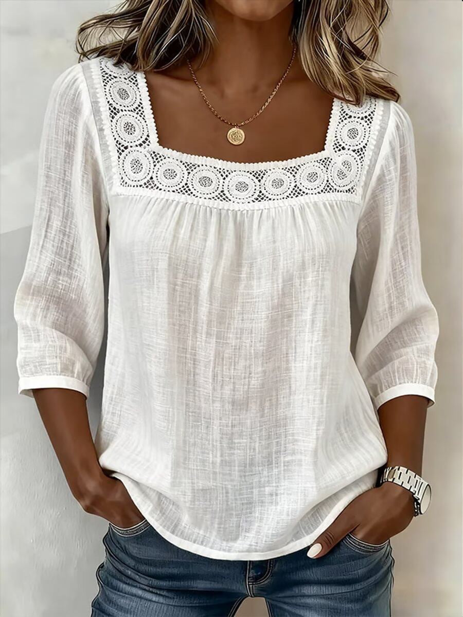 Myzaria - Blouse femme à décolleté carré avec dentelle élégante