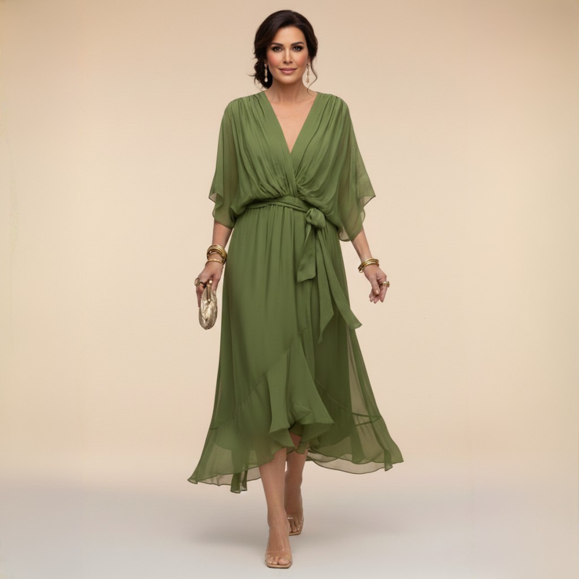 Lazira - Robe femme midi fluide col V manches amples ceinture élégante