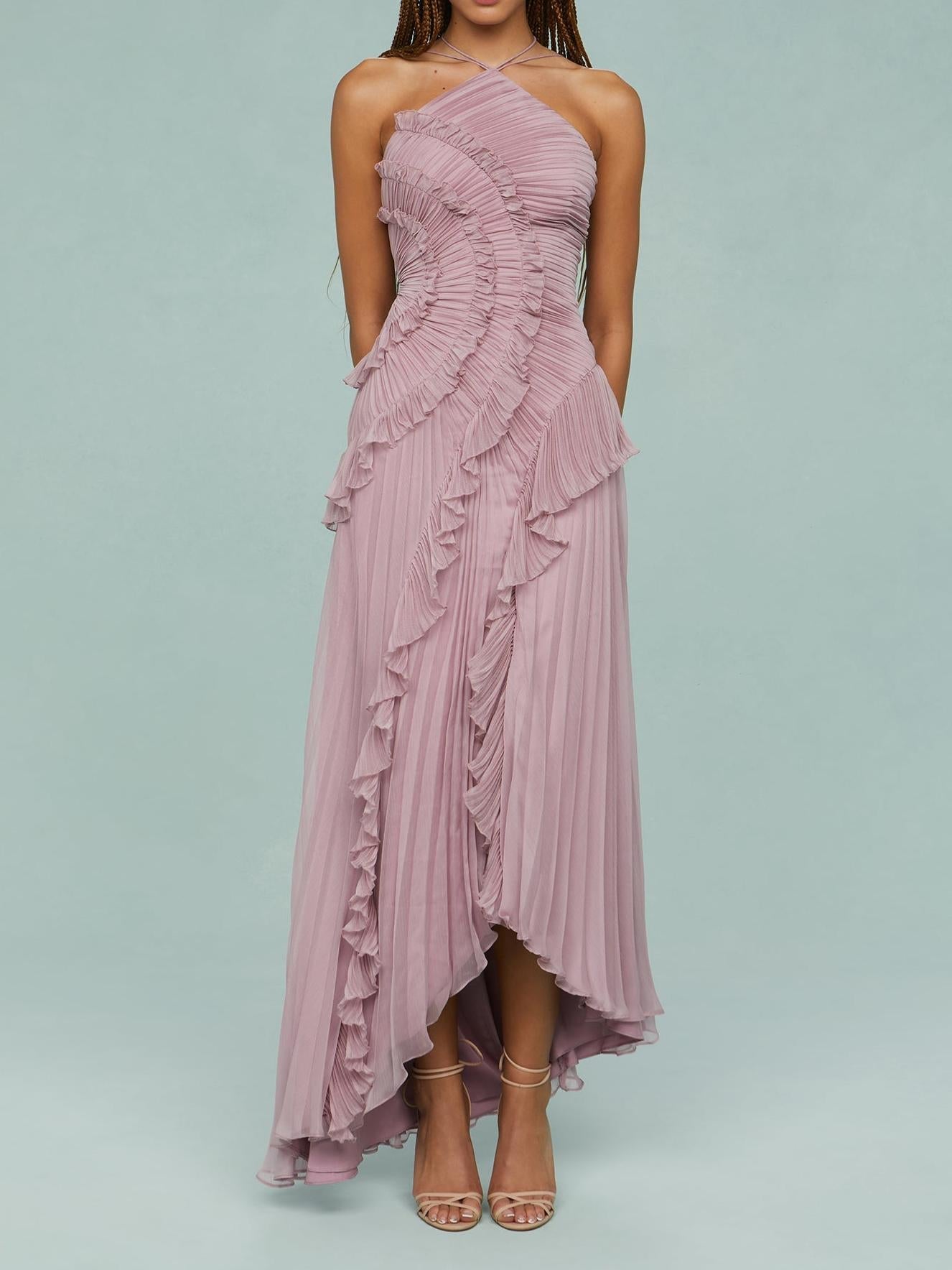 Bravielle - Robe longue femme plissée avec volants asymétriques élégants