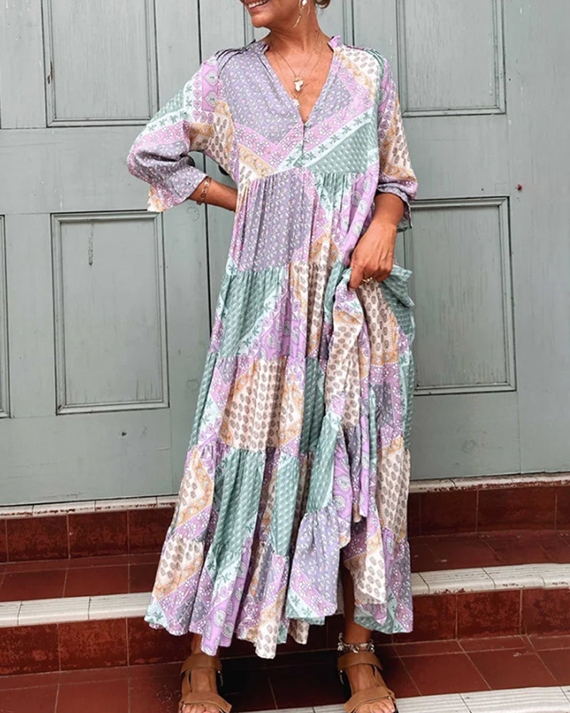 Quinna - Robe maxi colorée à imprimé color block et manches 3/4