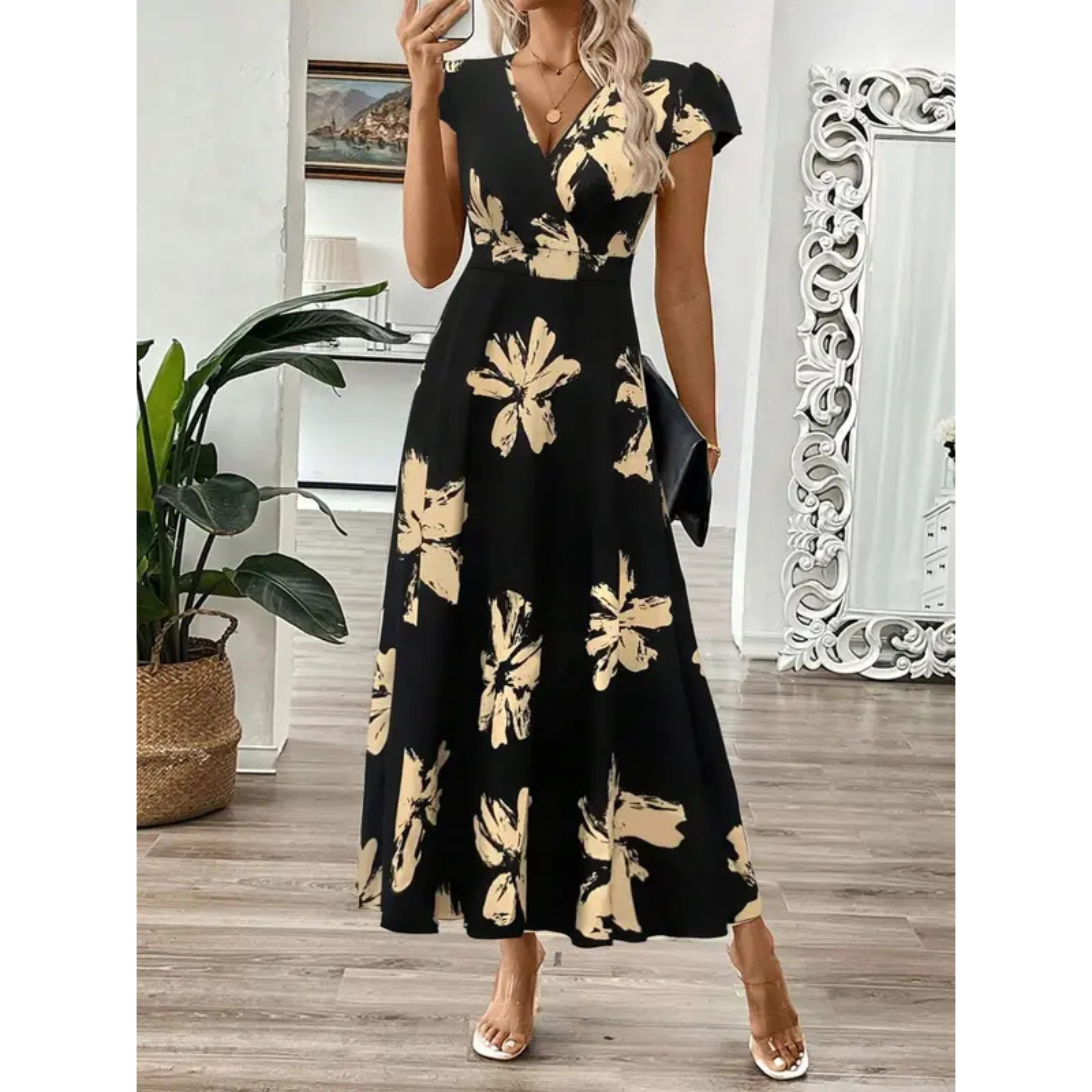 Korevyn - Robe maxi femme imprimé floral noir et beige élégante fluide