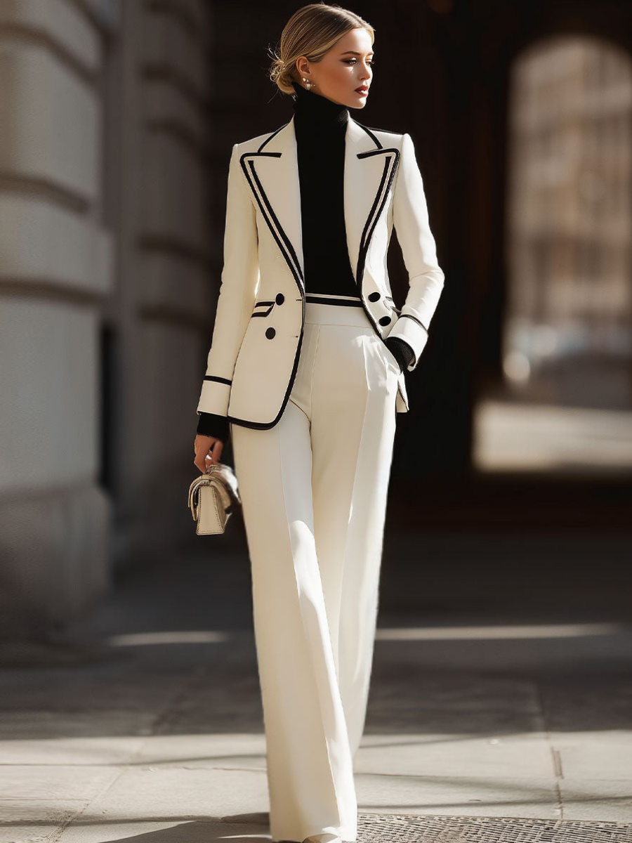 Praxine - Ensemble Femme Tailleur Élégant Blazer Double Boutonnage et Pantalon Large