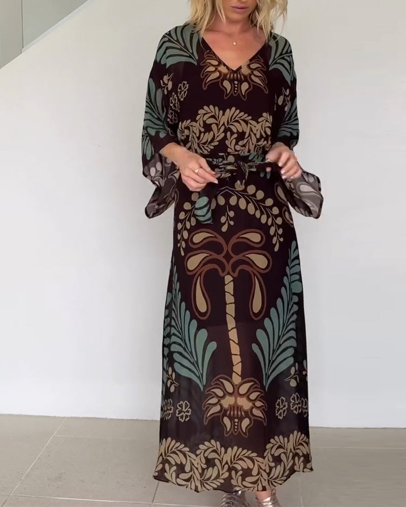 Praxellea - Robe bohème femme maxi ample col V imprimé feuilles élégant